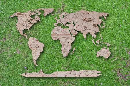 World map laterite on green moss background 