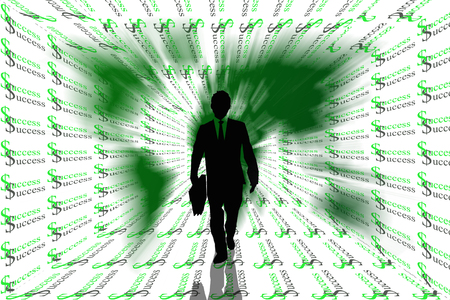 Success abstract background with world map and business man on silhouettes の写真素材