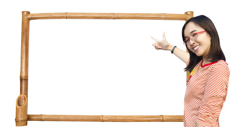 Asian Woman show  bamboo board on white background の写真素材