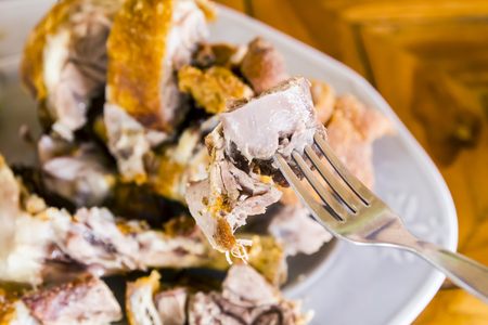 fried pork leg on white dish の写真素材