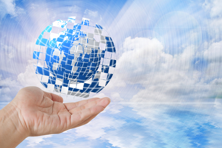 hand show world on water の写真素材