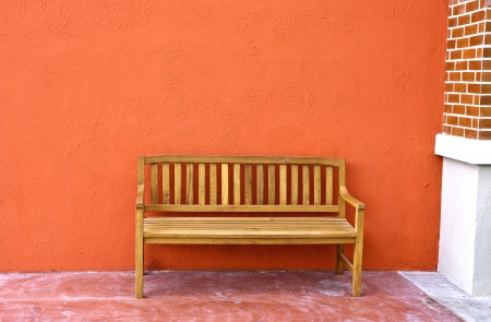 wood Bench Against blank Wall  の写真素材