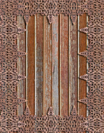 Pattern of flower carved on wood background の写真素材