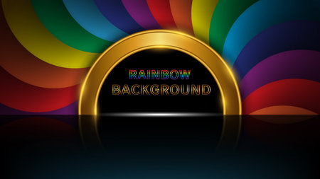 The product exhibition trade fair stage is formed of a semicircular frame, golden curves, glitter light with reflections from the ground, and rainbow curves in the backgroundのイラスト素材