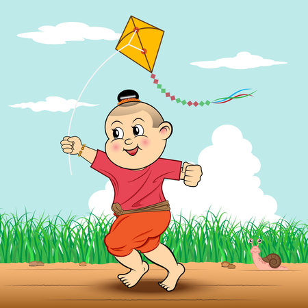 vector illustration Traditional Thailand children are flying kite The child was jogging on a rural dirt road, with the sky, clouds, and meadows in the background.のイラスト素材