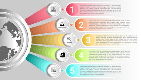 infographic template with 5 steps icon, 5 steps description, and semicircle globe.のイラスト素材