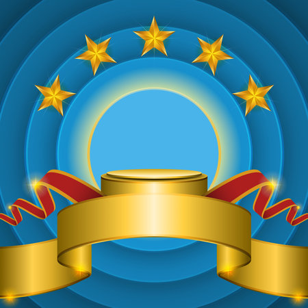 A gold podium with a red ribbon and gold stars on a blue background symbolizes victory and achievement.のイラスト素材