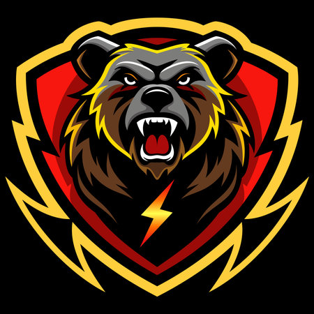 A grizzly bear logo and thunder icon on a shield, badge, mascot. use for decoration a basketball team logo, a football team, or a sports team. isolated on black background.のイラスト素材