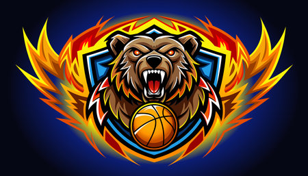 Symbol, logo of a brown bear with bloodshot eyes roaring fiercely with a glowing orange basketball surrounded by intense flames.のイラスト素材