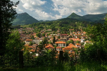 Mountain village seen through trees with peaksの写真素材