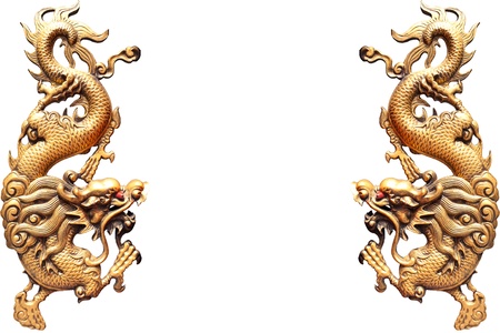 Golden dragon statue isolate on white backgroundの写真素材