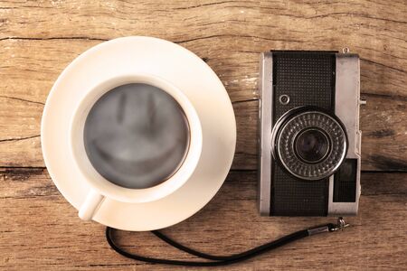 smile steaming coffee in morning timeの写真素材
