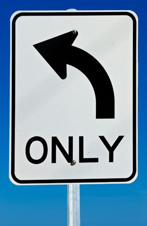 A left turn only road sign isolated on a graduated blue background.の写真素材