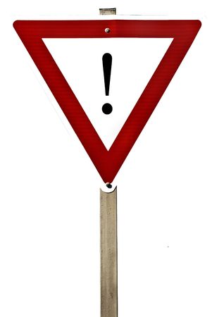 A road sign with an exclamation mark on it isolated on white.の写真素材