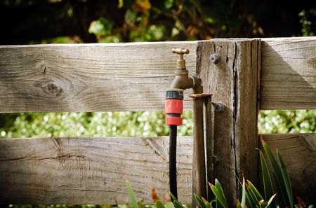 Garden tap connected to a wooden fence with a hose attached.の写真素材
