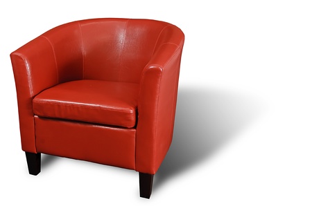 Bright Red leather Armchair isolated on white with a drop shadow.の写真素材