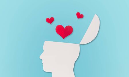 red hearts opened head human blue backgroundの写真素材