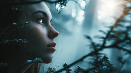 woman's face in a mystical foggy forest, ethereal background generative aiの素材