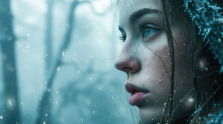 woman's face in a mystical foggy forest, ethereal background generative aiの素材