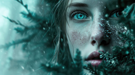 woman's face in a mystical foggy forest, ethereal background generative aiの素材