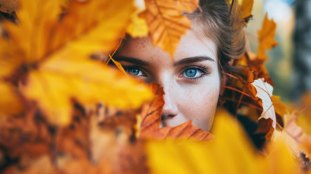 woman's face peeking through vibrant autumn leaves, forest background generative aiの素材