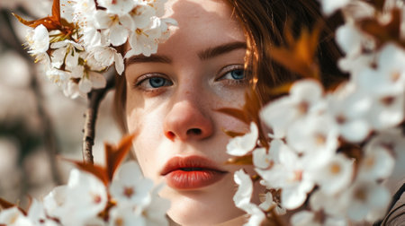 woman's face surrounded by cherry blossoms, springtime background generative aiの素材