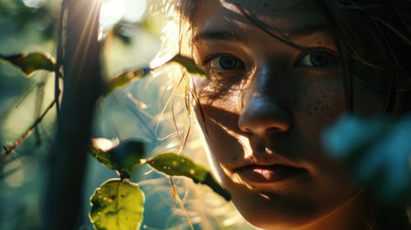 woman's face with gentle sunlight filtering through forest leaves, woodland background generative aiの素材