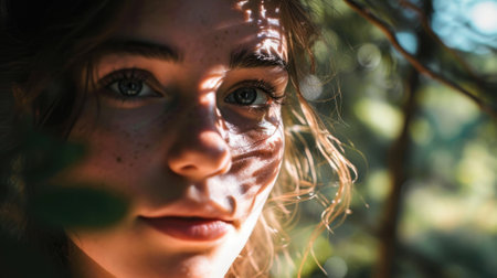 woman's face with gentle sunlight filtering through forest leaves, woodland background generative aiの素材