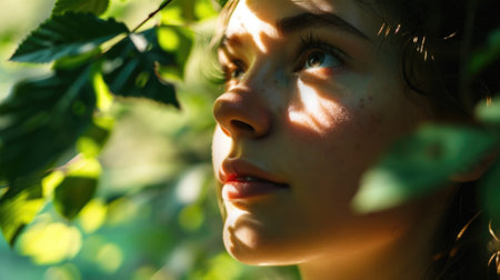 woman's face with gentle sunlight filtering through forest leaves, woodland background generative aiの素材