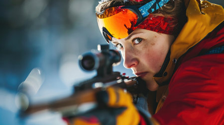 biathlete aiming accurately during the shooting portion generative aiの素材