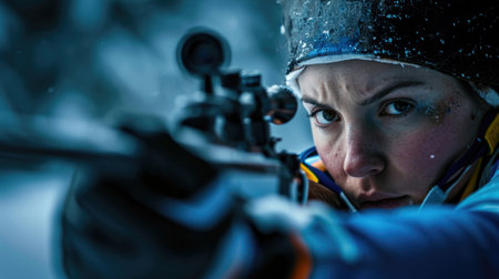 biathlete aiming accurately during the shooting portion generative aiの素材
