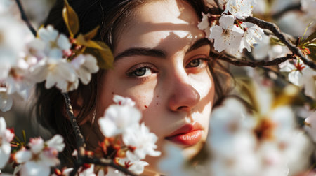 woman's face surrounded by cherry blossoms, springtime background generative aiの素材