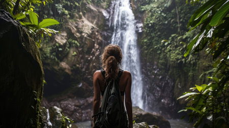 woman in front of a waterfall in a tropical forest, adventure generative aiの素材