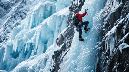 mountaineer ascending a steep ice wall generative aiの素材