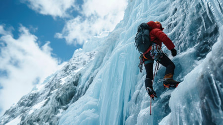 mountaineer ascending a steep ice wall generative aiの素材