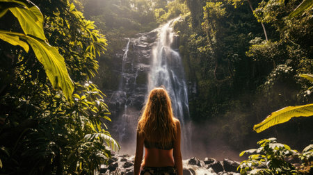 woman in front of a waterfall in a tropical forest, adventure generative aiの素材