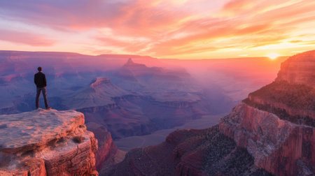 A man standing on the edge of a cliff, with his back turned, watching the spectacular colors of a canyon during sunset. generative aiの素材