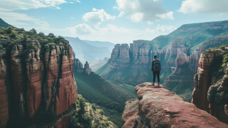 Person standing on the edge of a cliff, overlooking a lush canyon at midday generative aiの素材