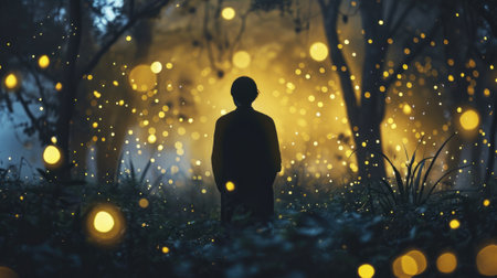 silhouette of a person facing away, surrounded by the soft glow of fireflies in a magical forest at night generative aiの素材
