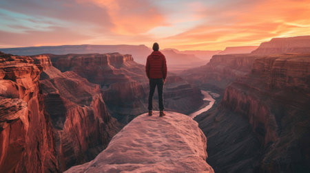 A man standing on the edge of a cliff, with his back turned, watching the spectacular colors of a canyon during sunset. generative aiの素材