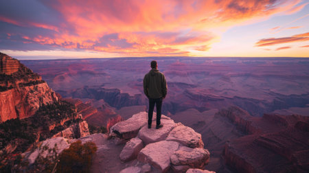 A man standing on the edge of a cliff, with his back turned, watching the spectacular colors of a canyon during sunset. generative aiの素材