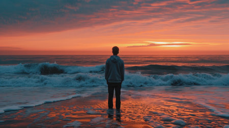 A man standing, with his back turned, watching the sunset on a quiet beach, with the waves rolling gently generative aiの素材