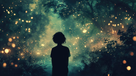 silhouette of a person facing away, surrounded by the soft glow of fireflies in a magical forest at night generative aiの素材