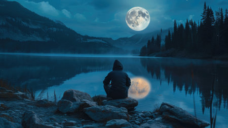 man sitting on a rocky shore, admiring the full moon reflecting on the calm waters of a lake generative aiの素材