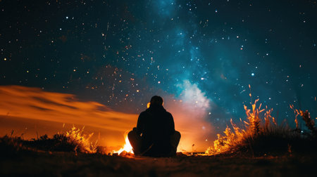 silhouette of a person facing away, surrounded by the warm glow of a campfire under a starry night sky generative aiの素材