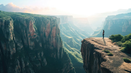 Person standing on the edge of a cliff, overlooking a lush canyon at midday generative aiの素材