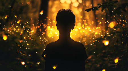 silhouette of a person facing away, surrounded by the soft glow of fireflies in a magical forest at night generative aiの素材