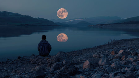 man sitting on a rocky shore, admiring the full moon reflecting on the calm waters of a lake generative aiの素材