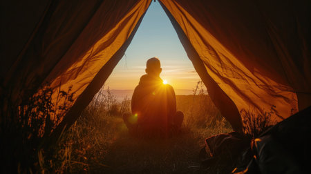 person watching the sunrise from a tent, surrounded by the quiet beauty of nature generative aiの素材