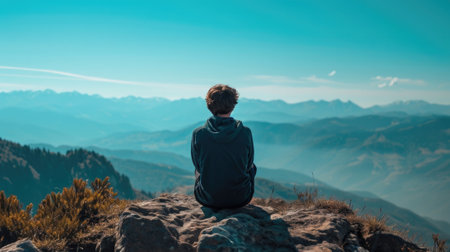 person sitting on a rock, observing a distant mountain range under a clear blue sky generative aiの素材